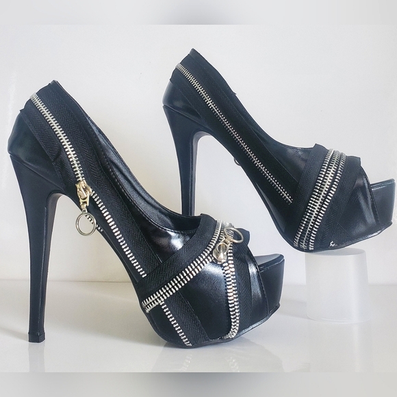 Show Story Punk Zip Peeptoe Platform 5.5" Heels Pumps Stilletto Black Sexy New - Picture 7 of 15